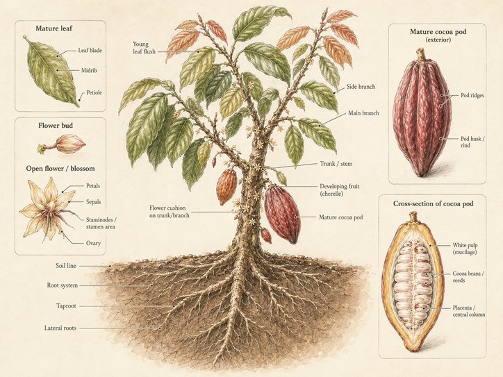 Botanical plate of Theobroma cacao showing the whole tree with
                  its root system, and detail panels of the leaf, flower, pod
                  exterior and pod cross-section
